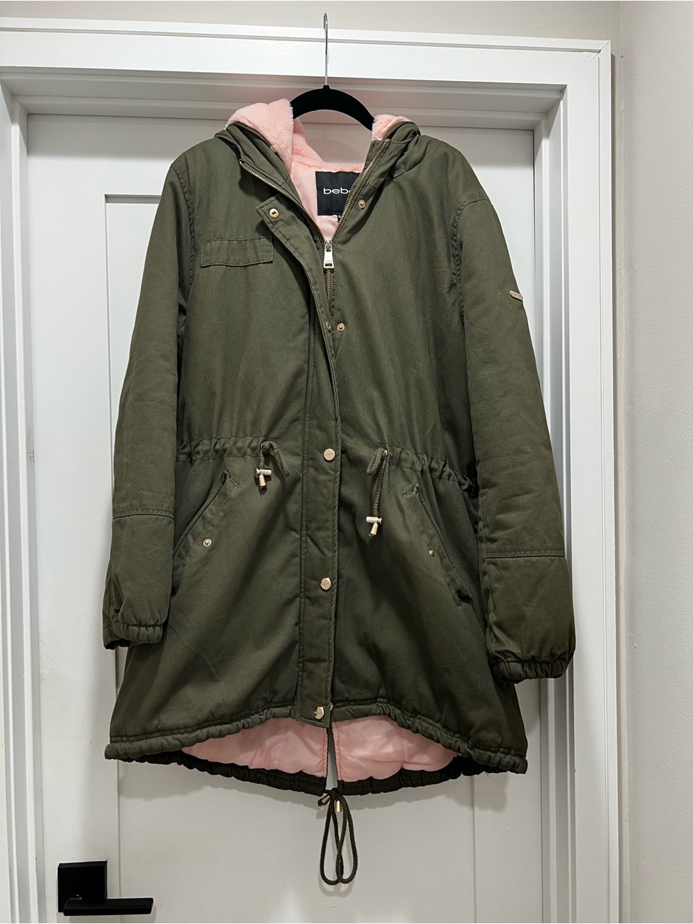 bebe Olive Green Jacket with Soft Pink Faux Fur Lining